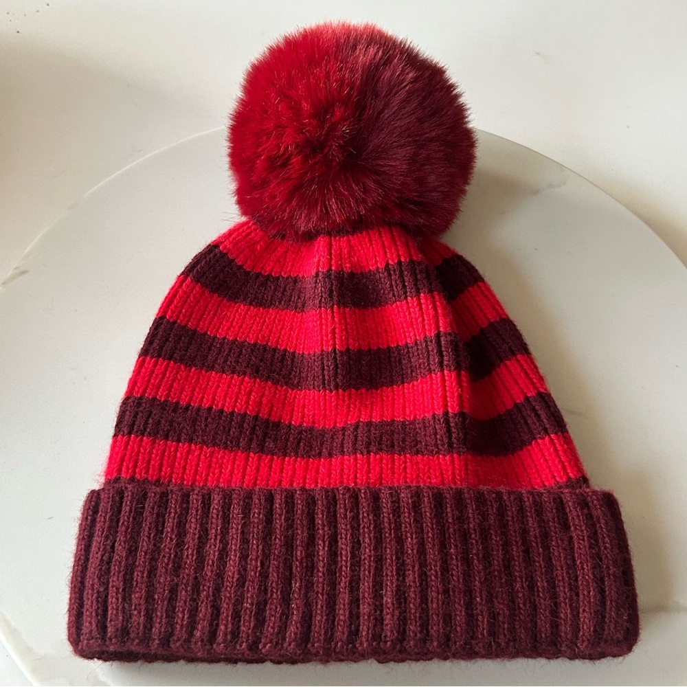 Norla Canada Wool Alpaca Blend Pom Pom Striped Hat Red Burgundy